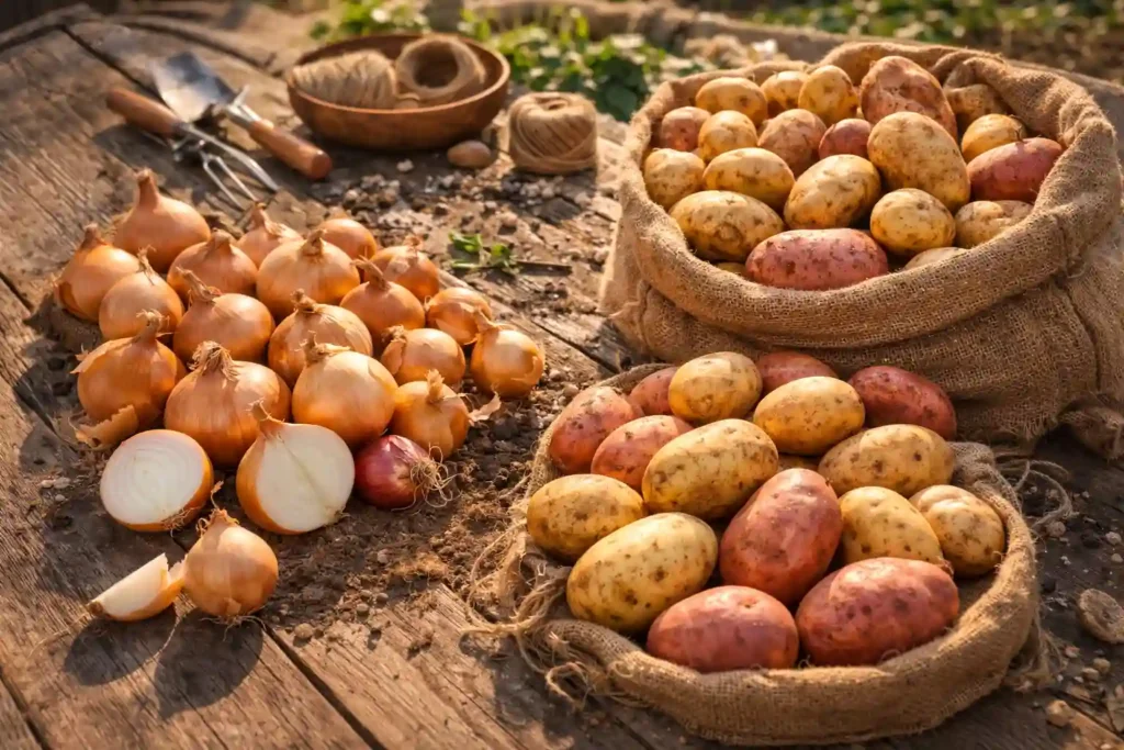 Fresh yellow and red potatoes with golden onions on a rustic wooden table, packed in burlap sacks