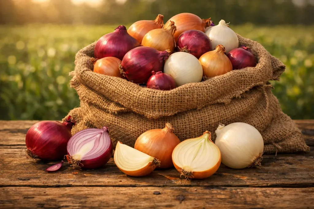 Burlap sack filled with fresh red, yellow, and white onions on a rustic wooden table with a farm field background
