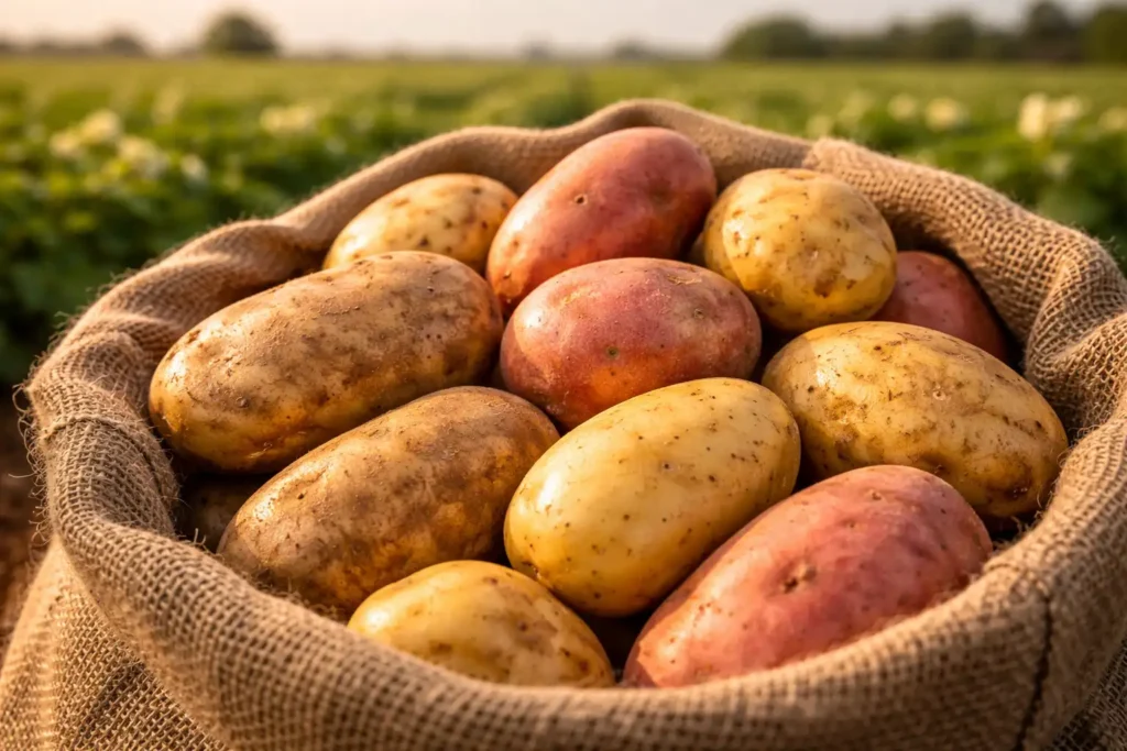 Fresh red and yellow potatoes in a burlap sack, harvested from the farm with a green field in the background