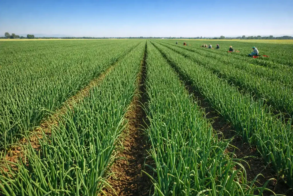Wide view of a green onion field with long rows of scallions under a clear blue sky, with workers harvesting in the distance