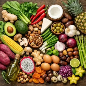 Flat lay of fresh healthy ingredients including vegetables, fruits, nuts, eggs, olive oil, herbs, and spices on a wooden table