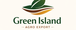 Green Island Agro Export logo with a green leaf above layered field shapes in green, brown, and gold